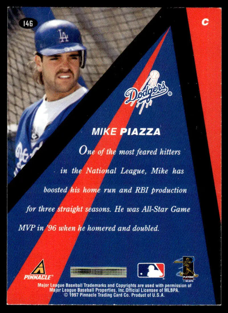 Baseball card of Mike Piazza in blue uniform from Pinnacle X-Press 1997 Los Angeles Dodgers