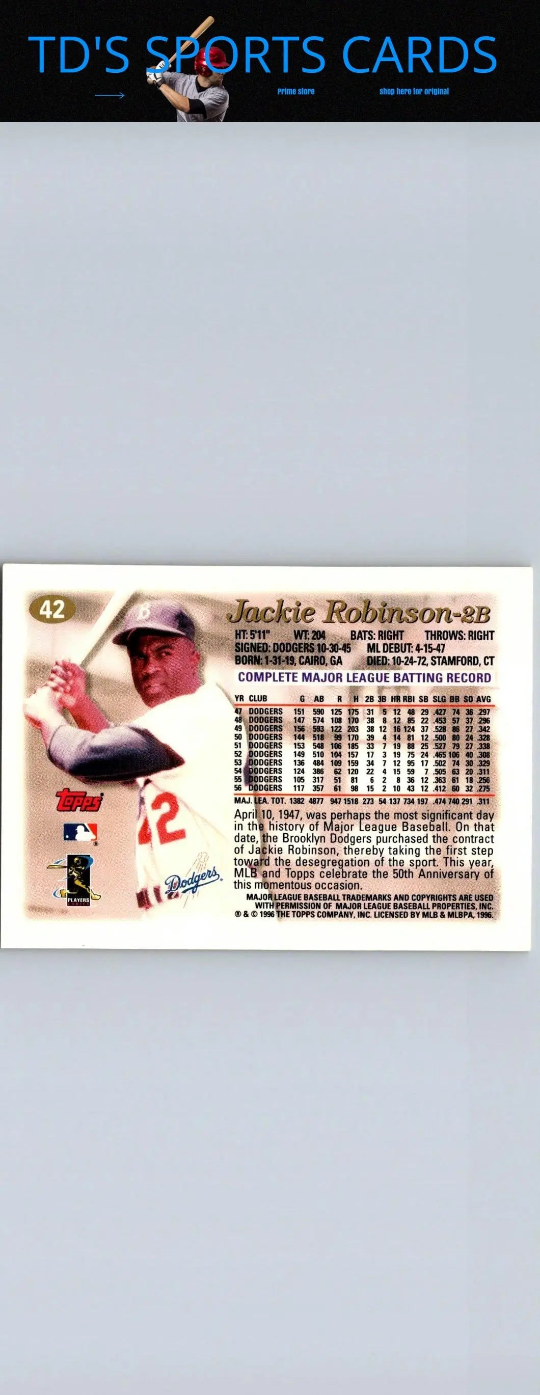 1997 Topps Chrome Jackie Robinson baseball card front view for sports memorabilia collectors