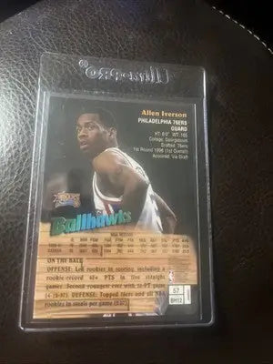 1997 Topps Finest Ballhawks Allen Iverson basketball card featuring coating and Philadelphia 76ers