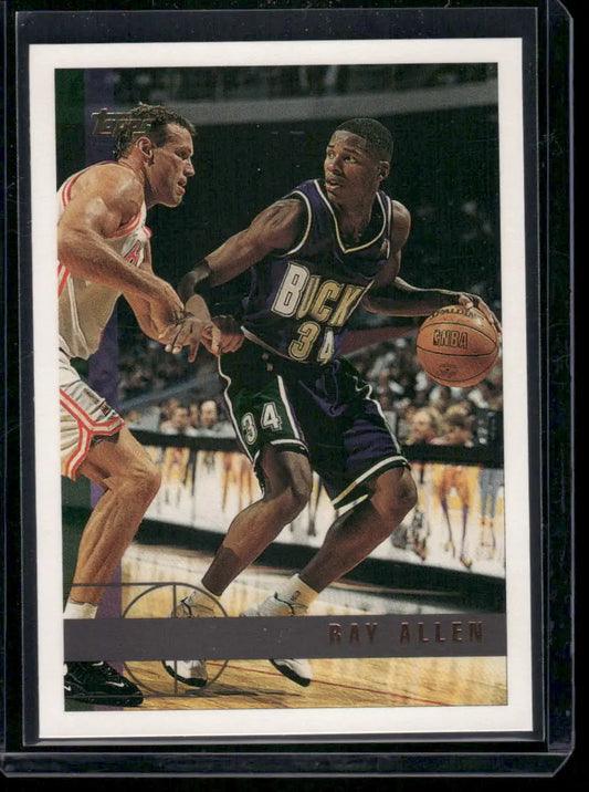 1997 Topps Ray Allen rookie basketball card featuring Topps Ray Allen in a collectible display