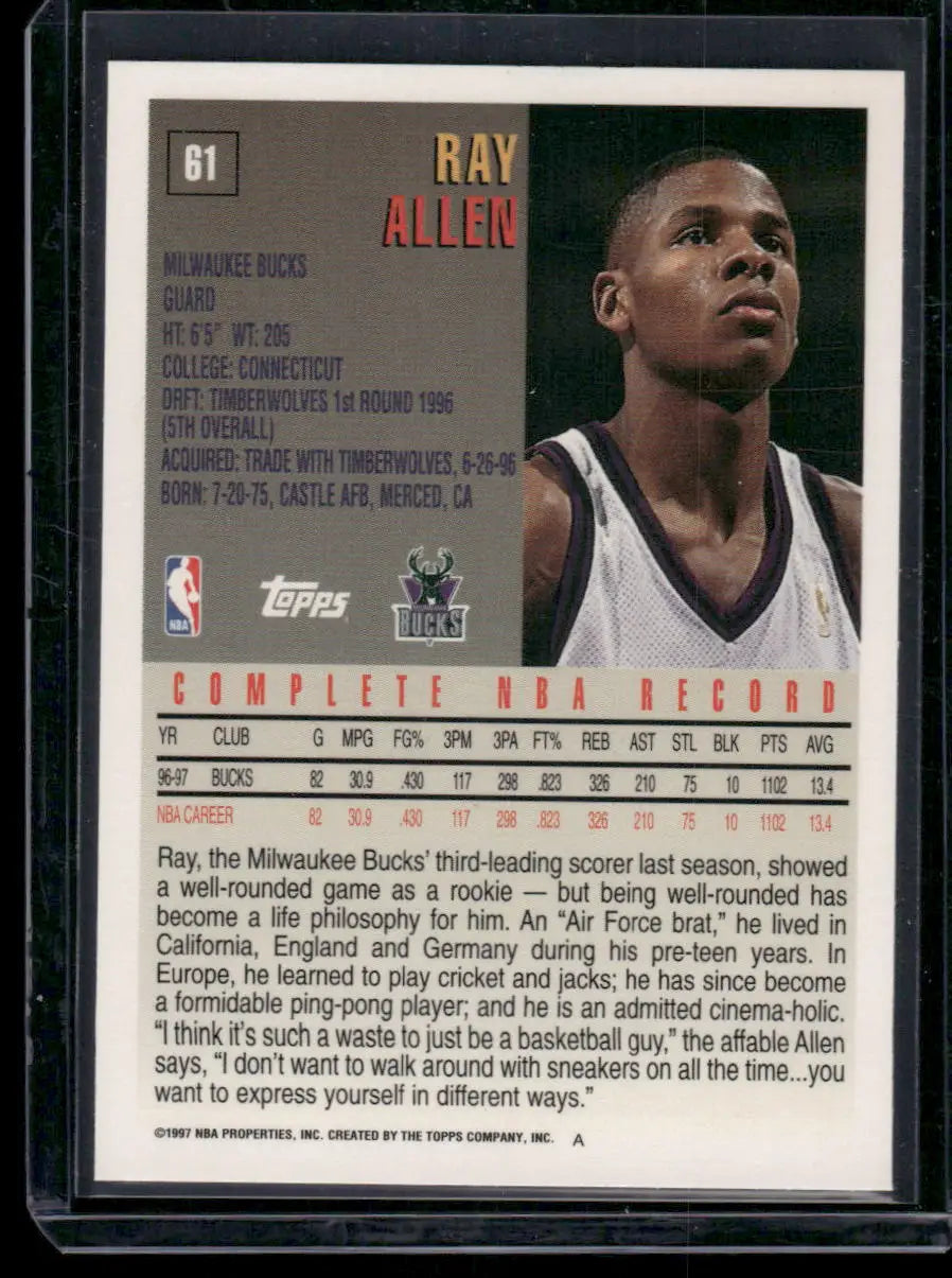 Vintage 1997 Topps Ray Allen basketball trading card featuring Ray Allen in pristine condition