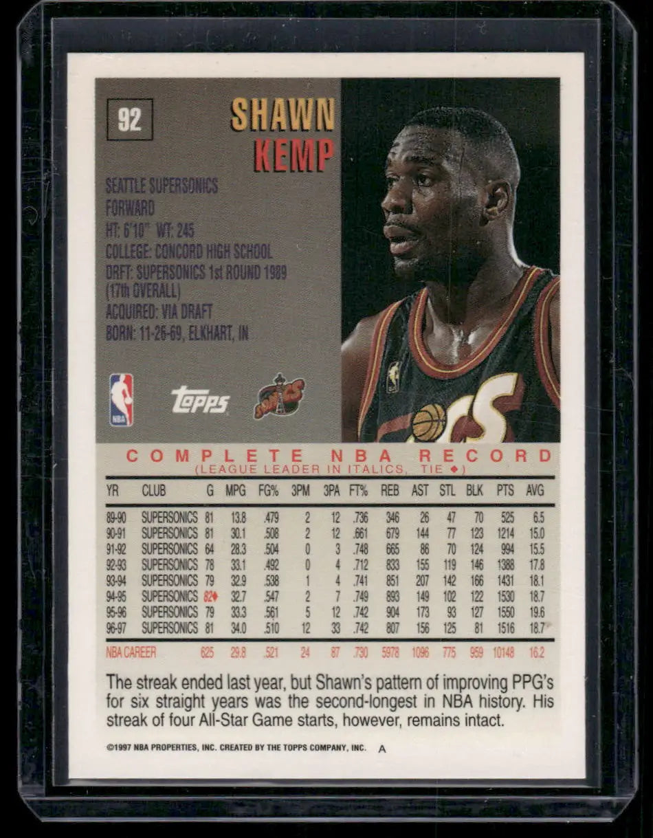 1997 Topps Shawn Kemp basketball trading card featuring Shawn Kemp in collectible condition