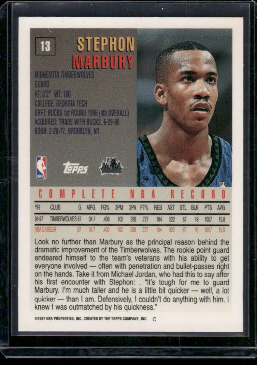 Back of 1997 Topps Stephon Marbury rookie basketball card in protective sleeve