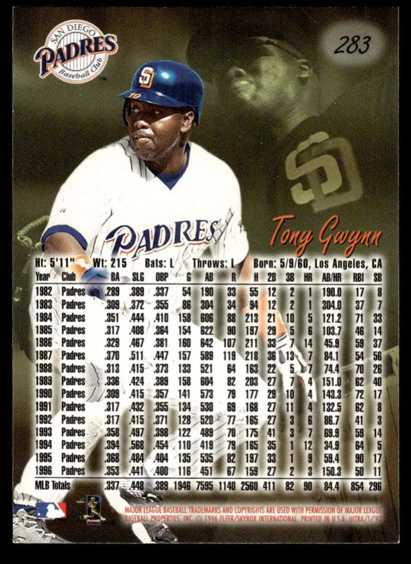 San Diego Padres Tony Gwynn 1997 Ultra baseball card showcasing player statistics
