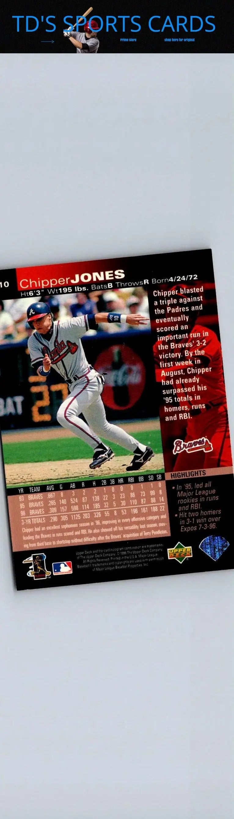 Chipper Jones 1997 Upper Deck #10 trading card for collectors and baseball fans