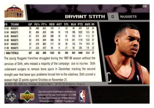 1998-99 Upper Deck #39 Bryant Stith basketball card featuring original gloss in EX/NM condition