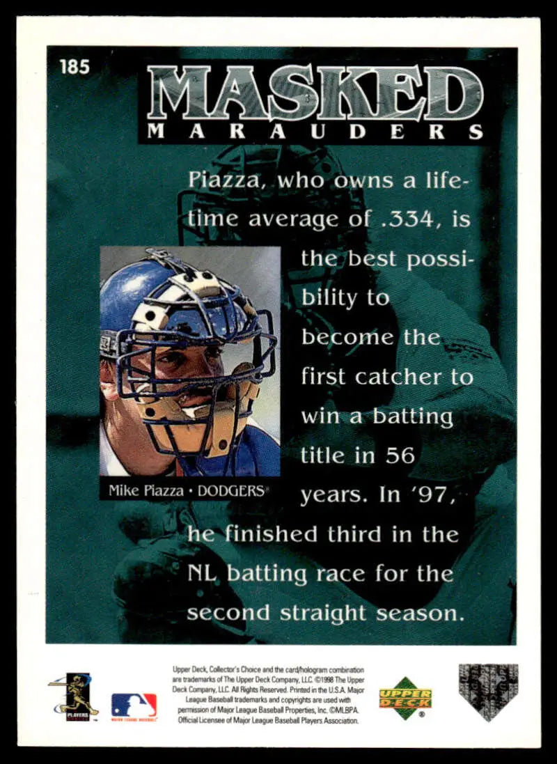 Baseball card of Mike Piazza as a Los Angeles Dodgers catcher in blue helmet