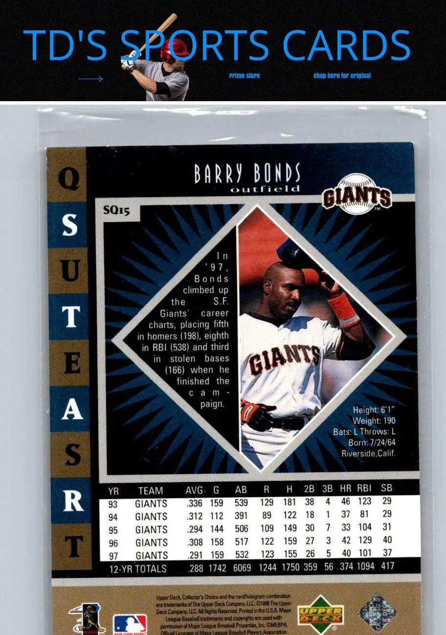Barry Bonds baseball card from 1998 Collector’s Choice SQ15 Barry Bonds StarQuest series