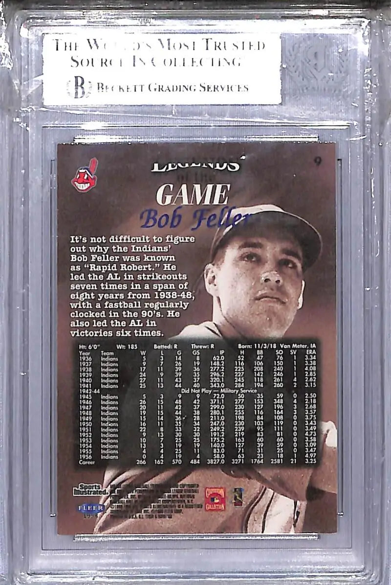 Graded Bob Feller Fleer Legends of the Game baseball card displayed in product listing