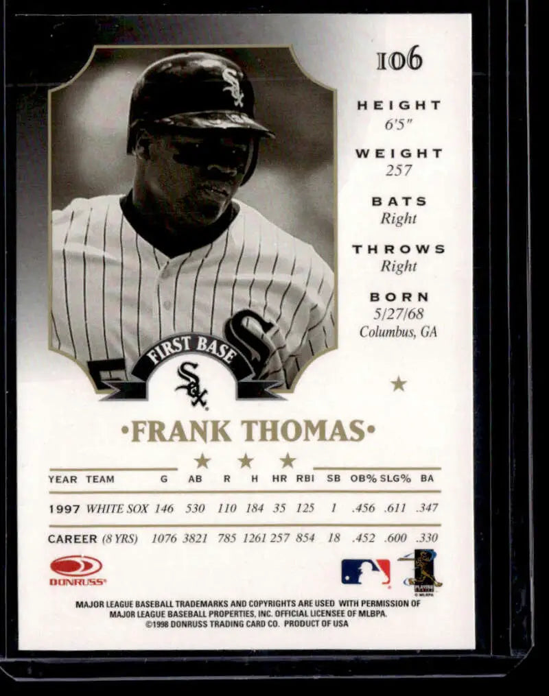 Baseball card of Frank Thomas in pinstripe uniform from 1998 Leaf NM-MT condition
