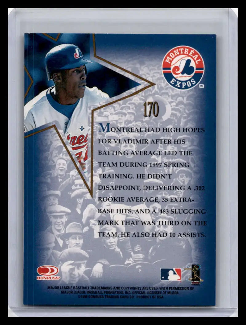 Vladimir Guerrero Montreal Expos baseball card in white uniform from 1998 Leaf