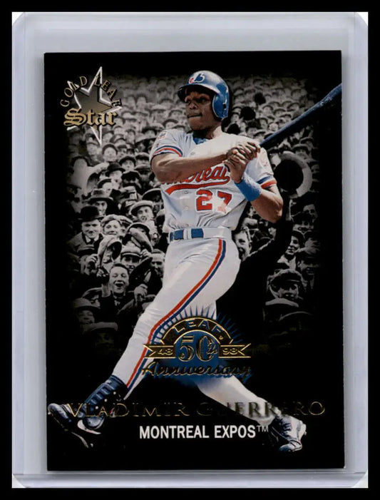 Vladimir Guerrero batting in classic Montreal Expos uniform on 1998 Leaf baseball card