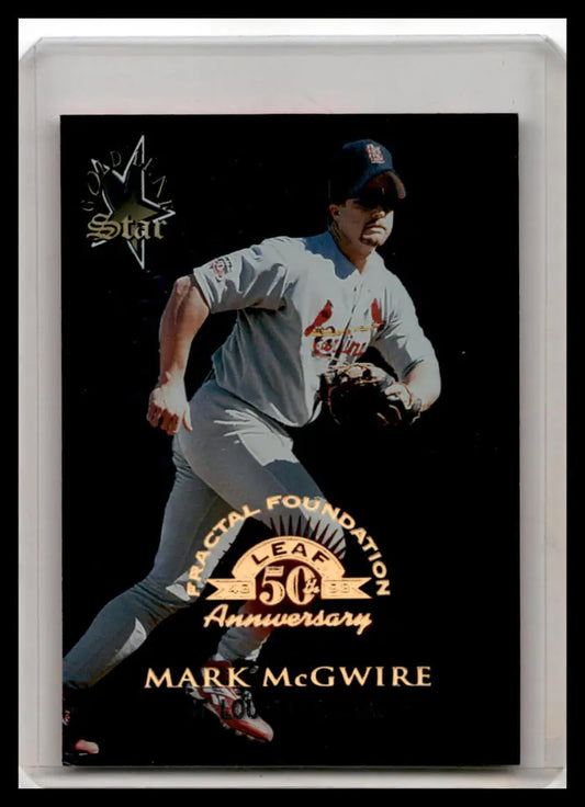 Baseball trading card of Mark McGwire in gray uniform, 1998 Leaf Fractal Foundations