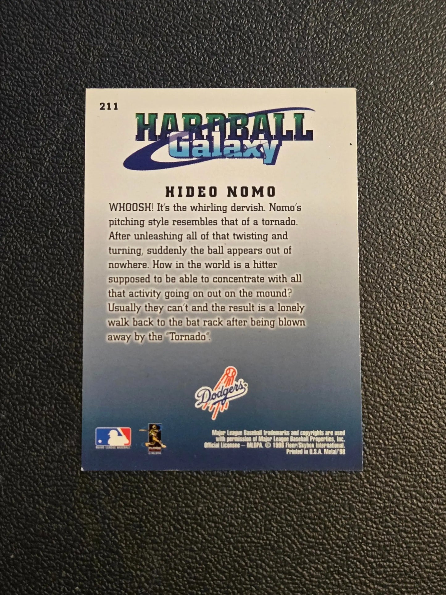 Hideo Nomo baseball card from Metal Universe 1998 with blue and white background