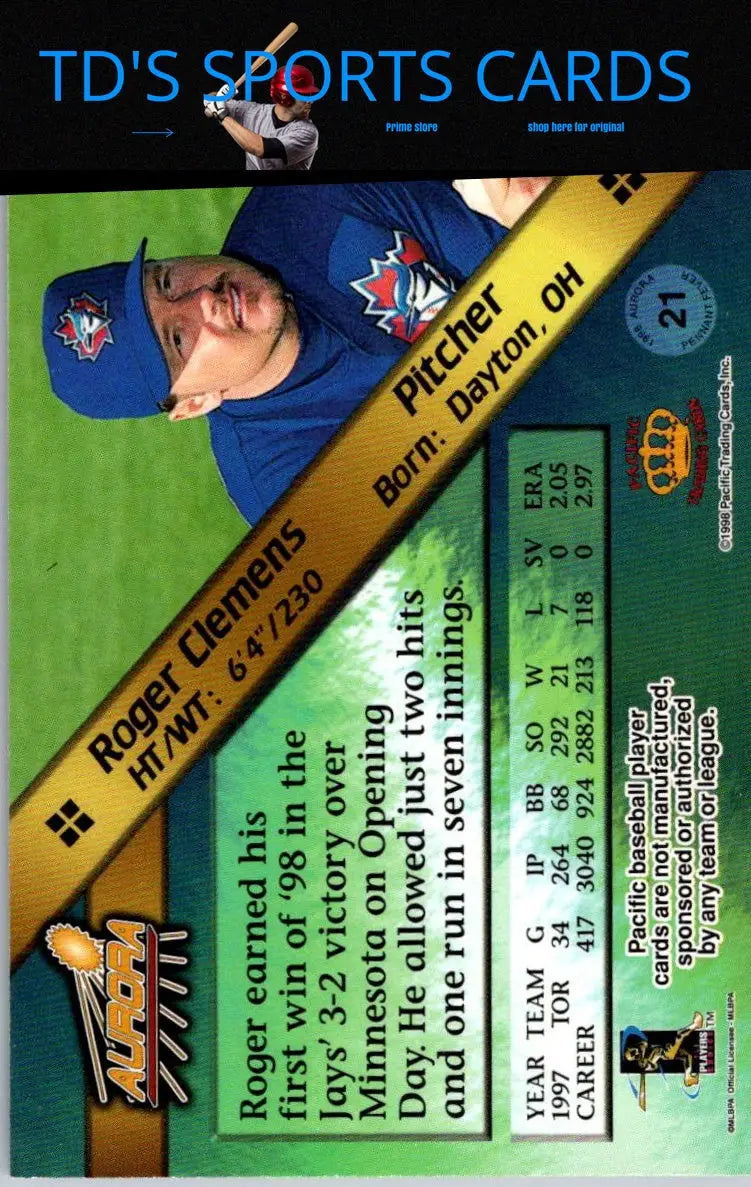 Roger Clemens baseball card from 1998 Pacific Aurora Pennant Fever Red