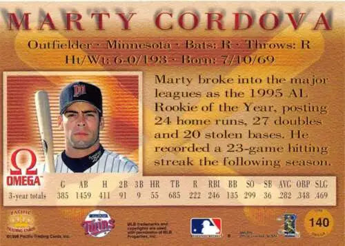 Marty Cordova baseball card 1998 Pacific Omega original gloss NM-MT Twins ID:58831