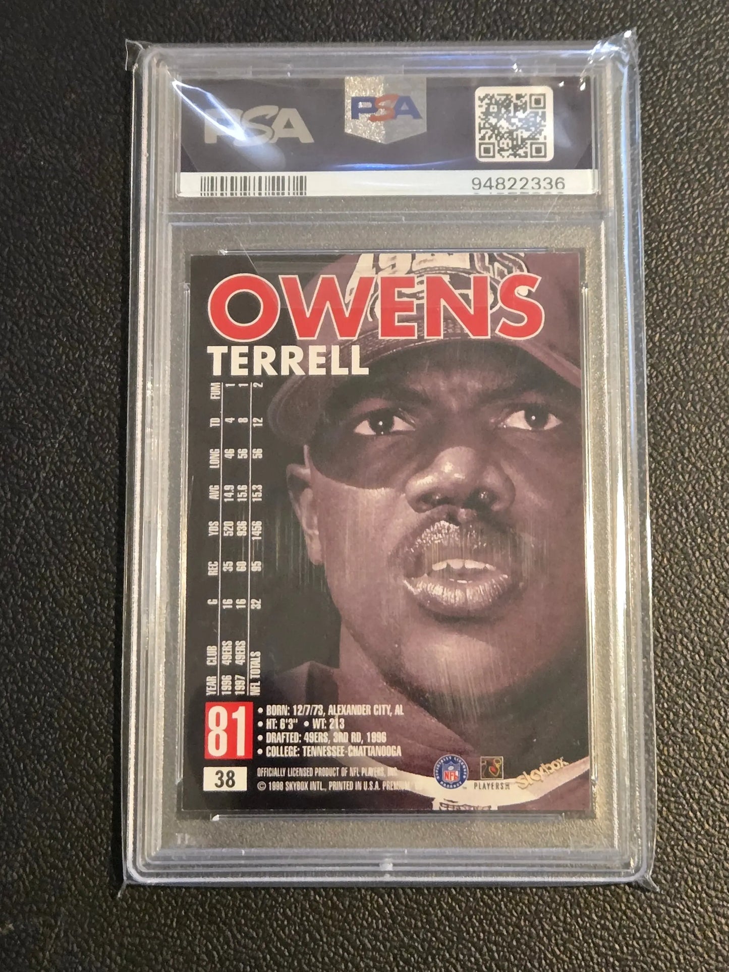 PSA-graded Terrell Owens football card from 1998 SkyBox Premium series