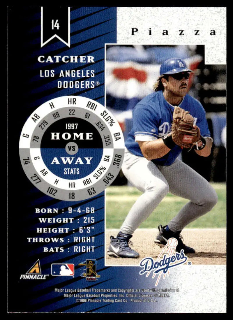Baseball card of Mike Piazza in a fielding stance for the Los Angeles Dodgers