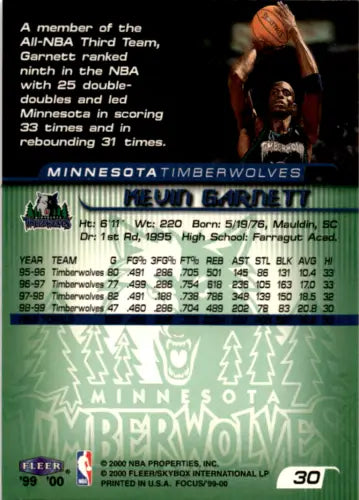 1999-00 Fleer Focus #30 Kevin Garnett basketball card with original gloss for Timberwolves fans