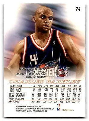 Charles Barkley trading card from 1999-00 SkyBox Premium #74 showcasing his basketball skills