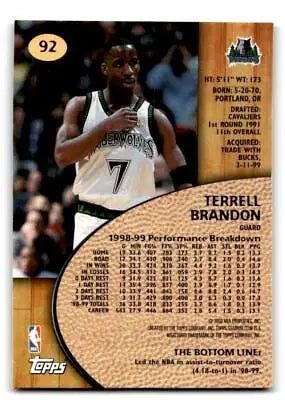 Basketball card back of 1999-00 Stadium Club #92 Terrell Brandon trading card