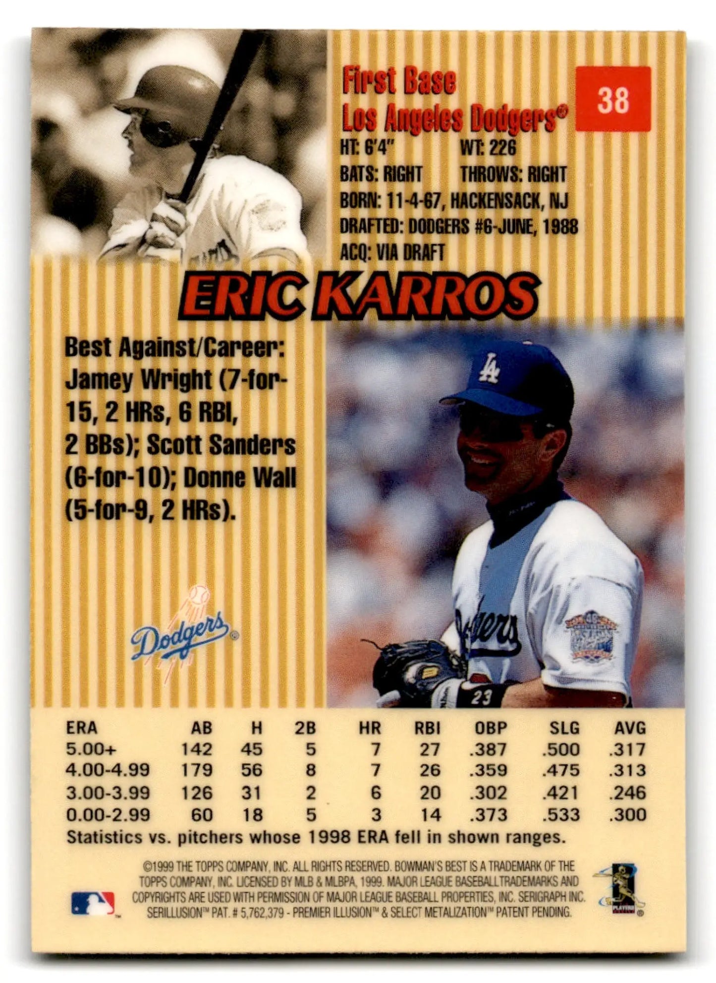1999 Bowman Baseball’s Best Eric Karros #38 Los Angeles Dodgers baseball card with stats and photo