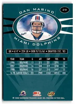 Dan Marino football card from 1999 Donruss Preferred QBC, collectible sports memorabilia