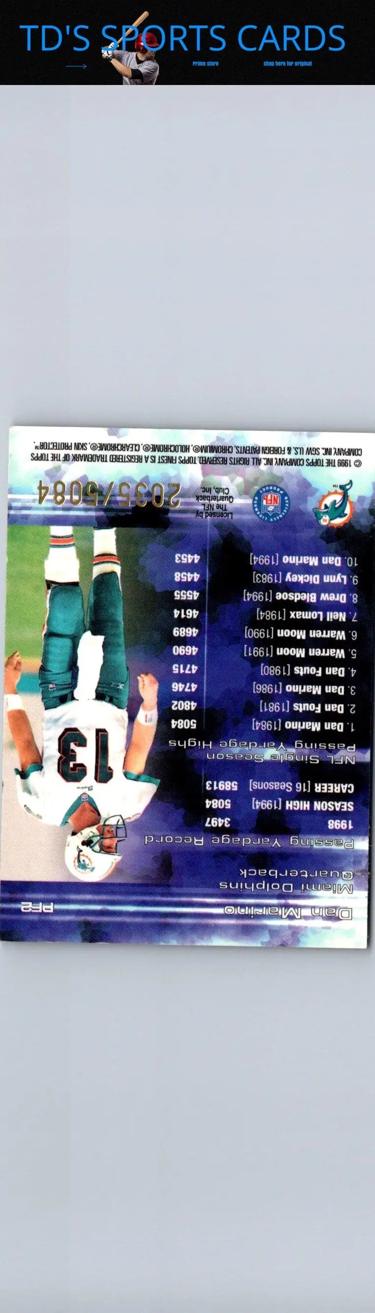 Sports trading card featuring Dan Marino from 1999 Finest #PF2 Dan Marino Prominent Figures