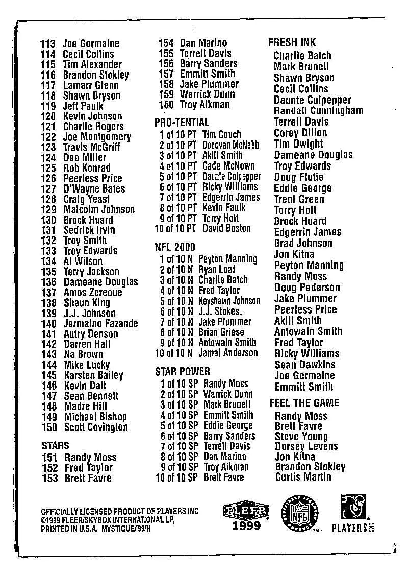 Football Card Checklist for 1999 Fleer Mystique NNO Checklist Trading Cards