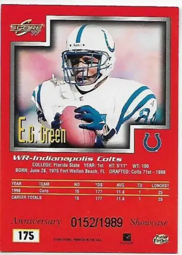 E.C. Green football card featuring original gloss from 1999 Score Showcase Colts set