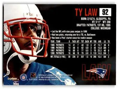 Ty Law football card from 1999 SkyBox Dominion trading cards collection