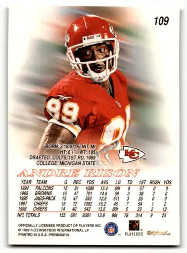 1999 SkyBox Premium #109 Andre Rison football card with original gloss showing Chiefs jersey
