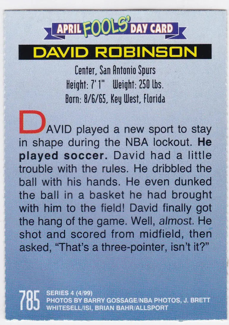 David Robinson San Antonio Spurs April Fool’s Day card on 1999 Sports Illustrated for Kids