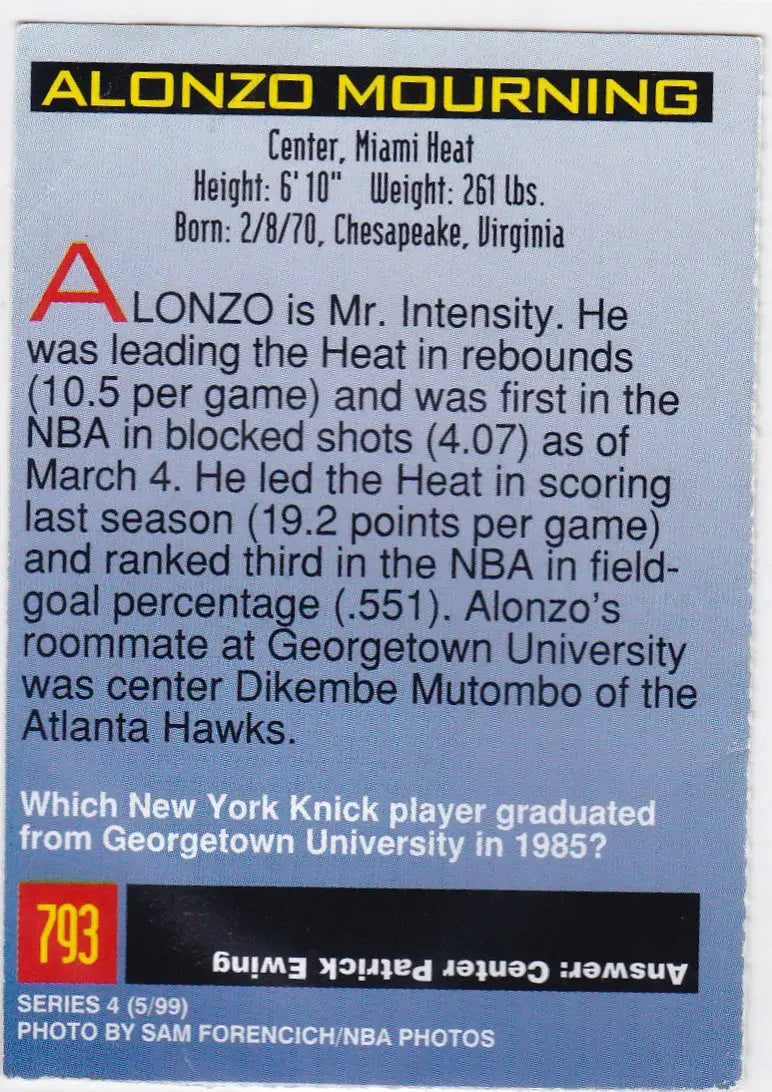 Alonzo Mourning Miami basketball card from 1999 Sports Illustrated for Kids series