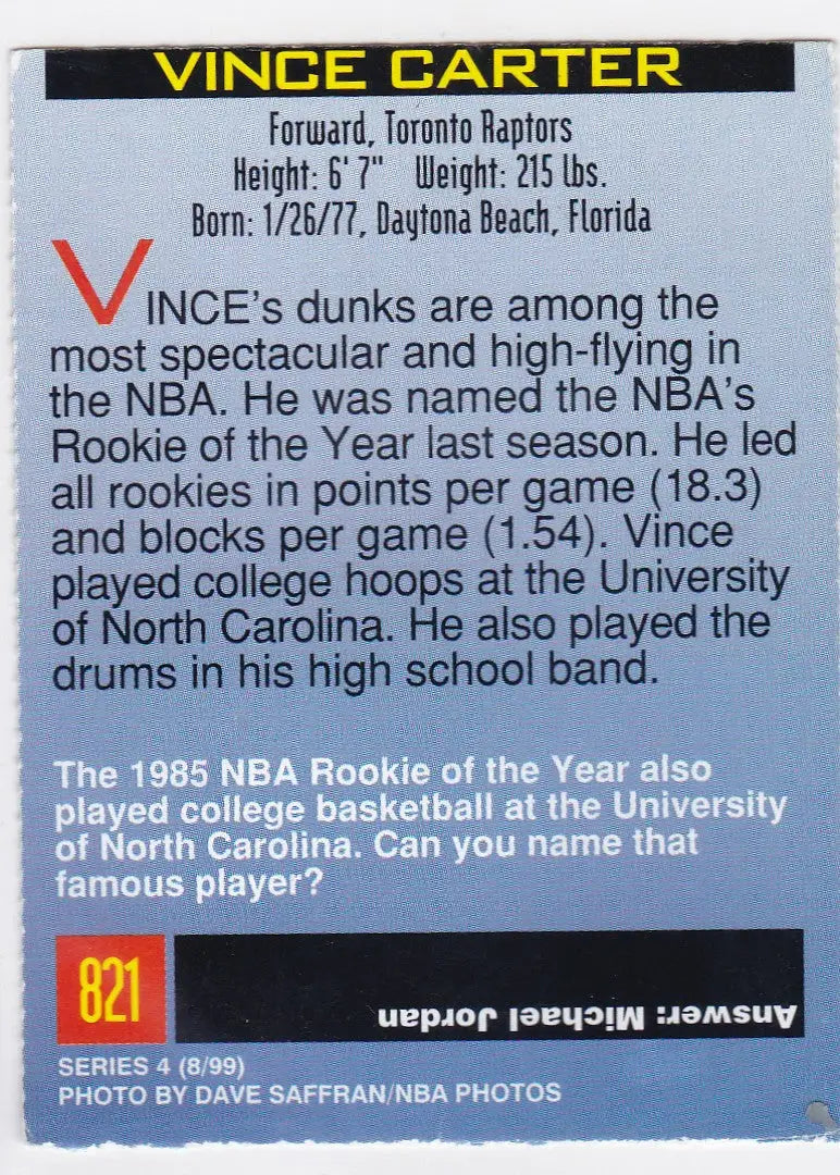 Vince Carter Toronto Raptors basketball card from 1999 Sports Illustrated for Kids