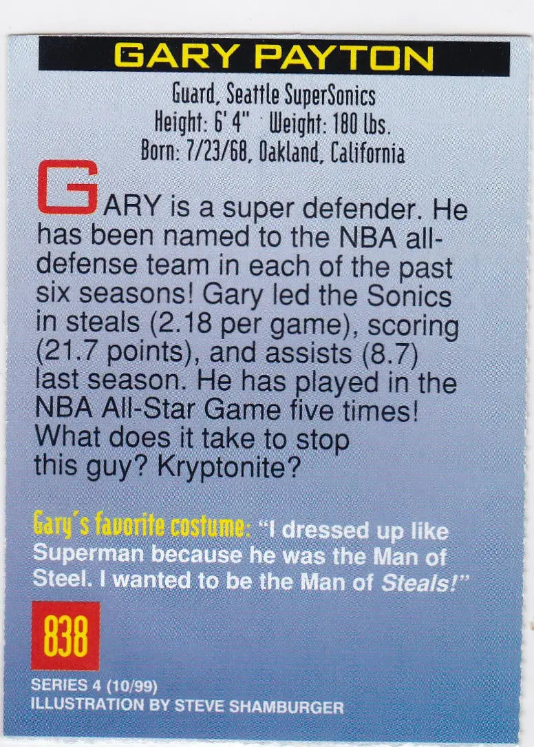 Gary Payton basketball card from Sports Illustrated for Kids 1999 Superman edition