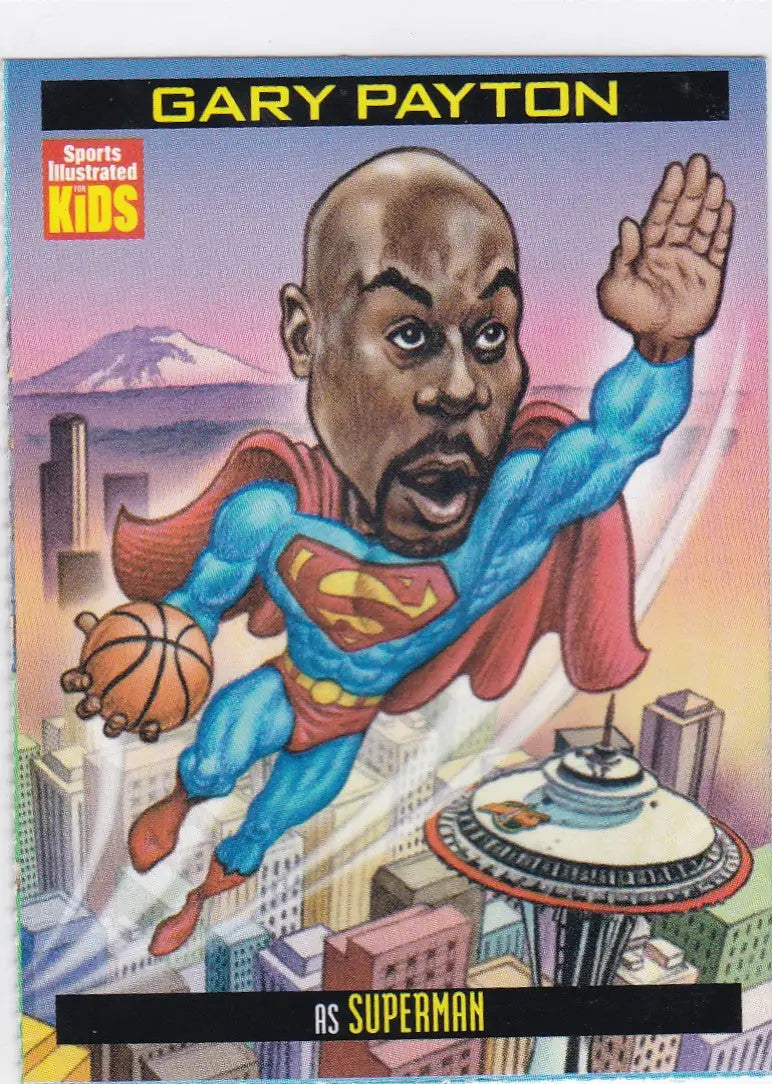 Gary Payton as Superman caricature from 1999 Sports Illustrated for Kids