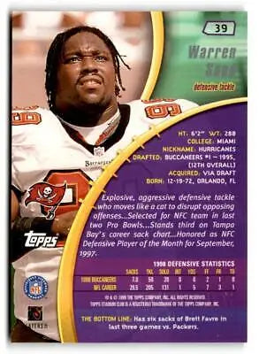 Warren Sapp trading card from 1999 Stadium Club #39 featuring the NFL star