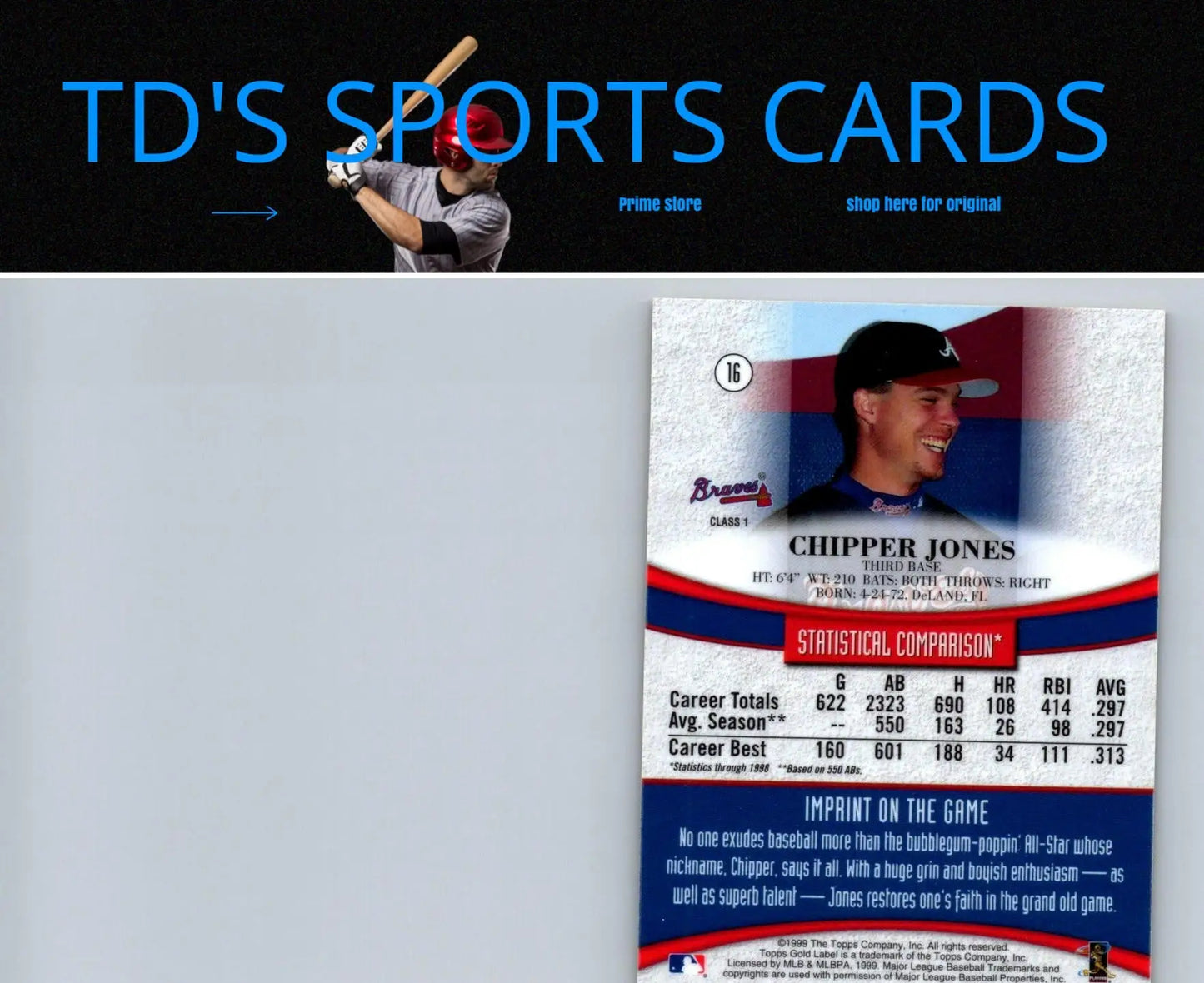 Chipper Jones 1999 Topps Gold Label baseball card featuring iconic design and stats