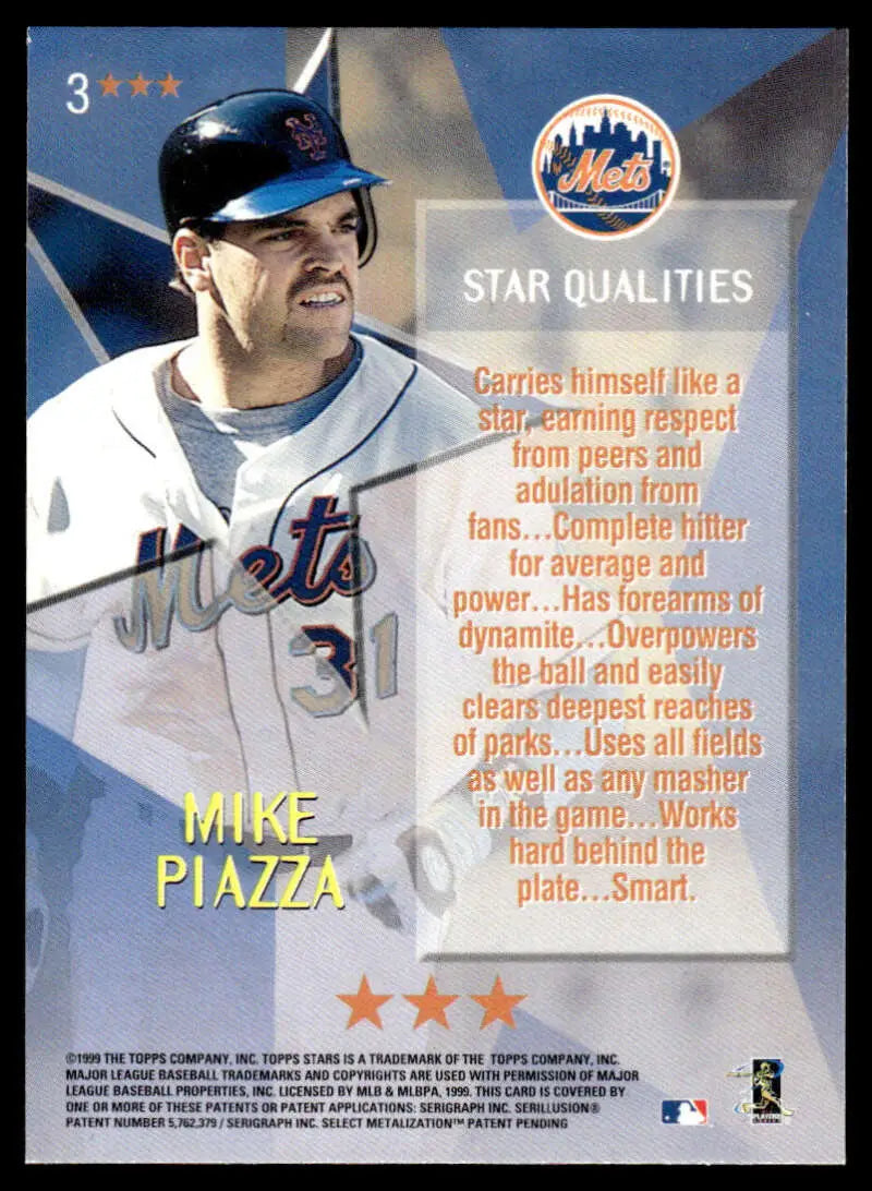 Baseball card of Mike Piazza in a white home jersey for New York Mets Baseball
