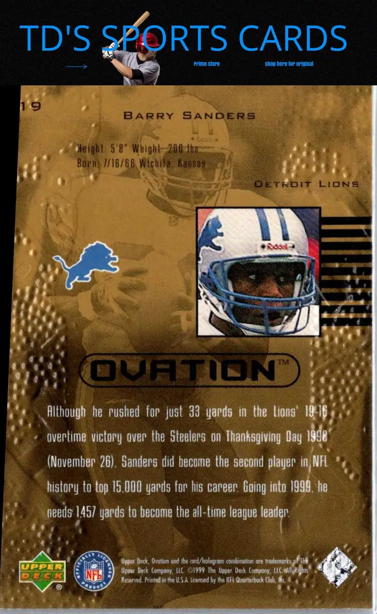 1999 Upper Deck Ovation Barry Sanders football trading card featuring Detroit Lions star