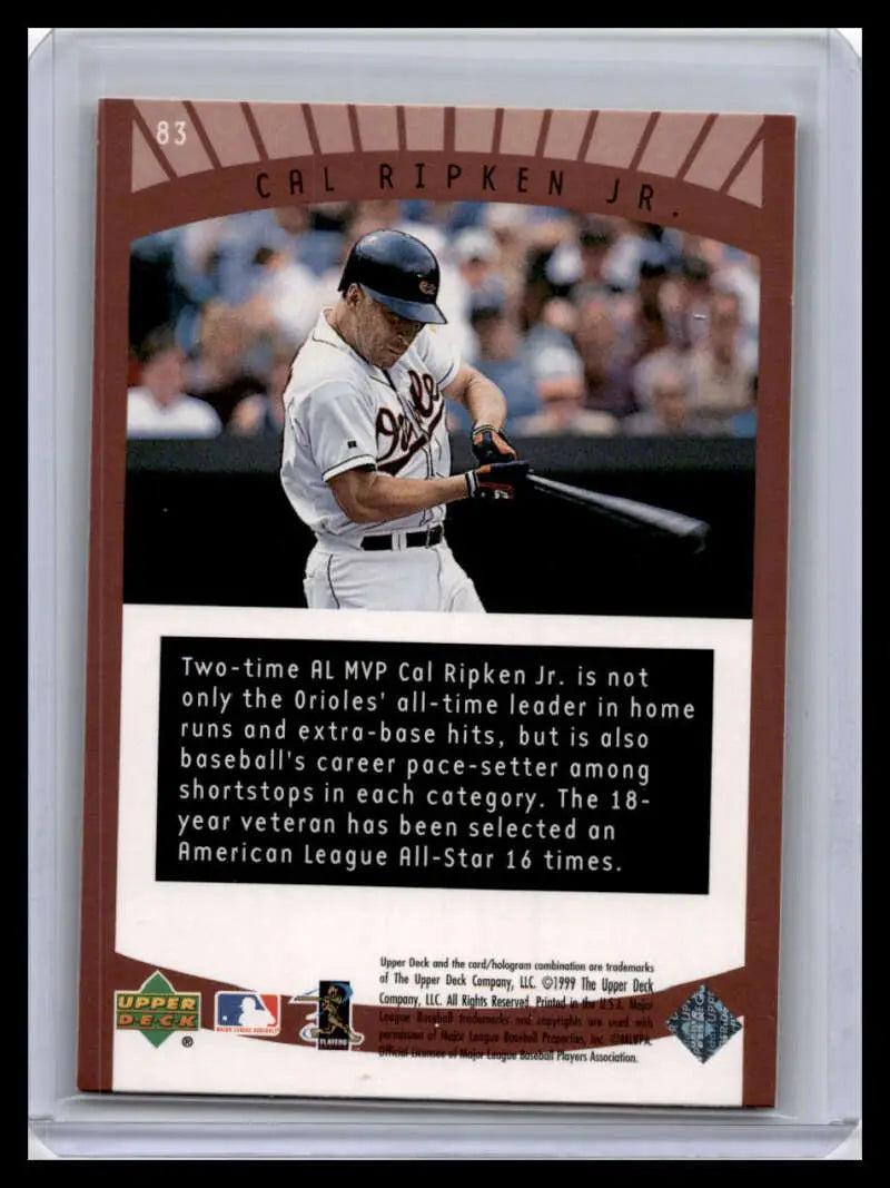 Cal Ripken Jr. swinging bat on 1999 Upper Deck Baltimore Orioles baseball card