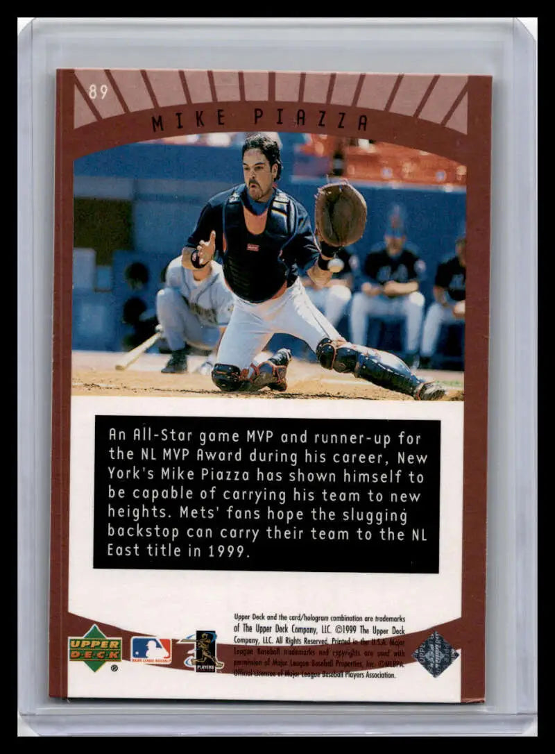 Baseball card of Mike Piazza crouching in dark gear from Upper Deck Ovation series