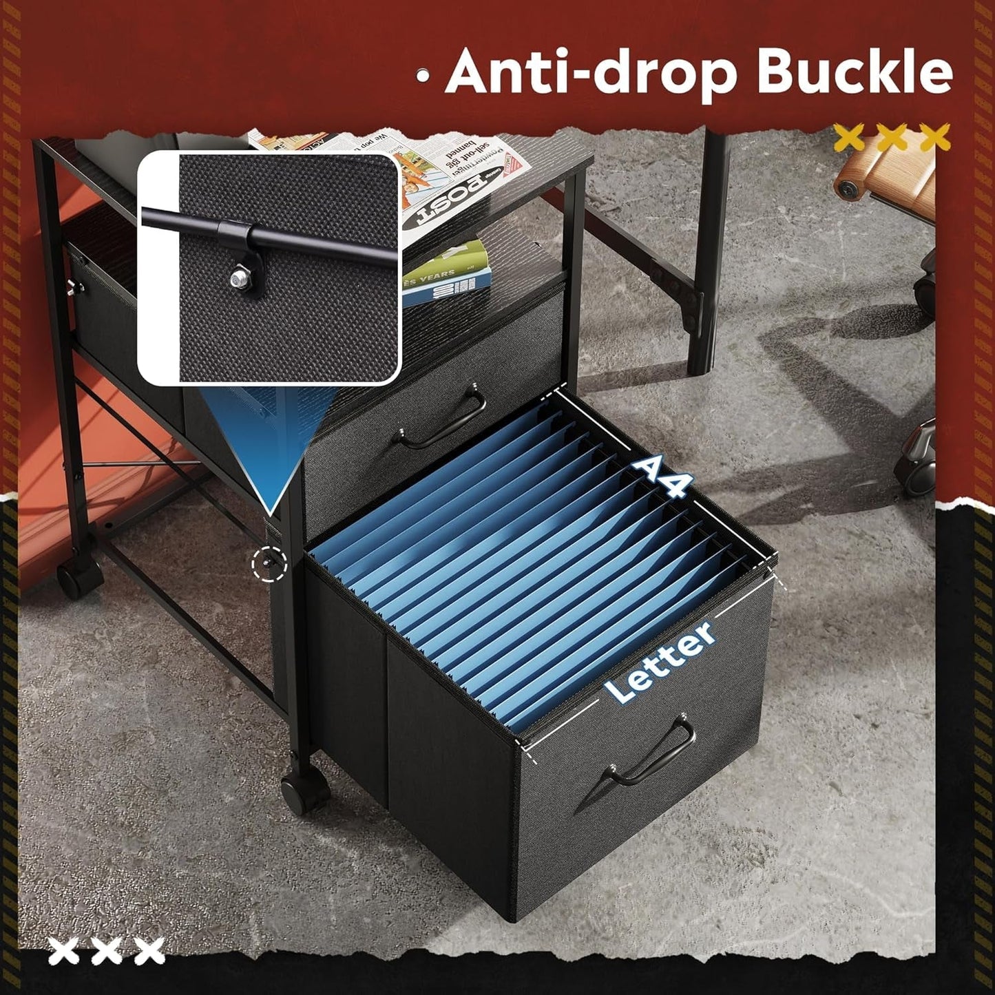 Mobile File Cabinet, Rolling Printer Stand with Open Storage Shelf, Fabric Vertical Filing Cabinet Fits A4 or Letter Size for Home Office, Black-4