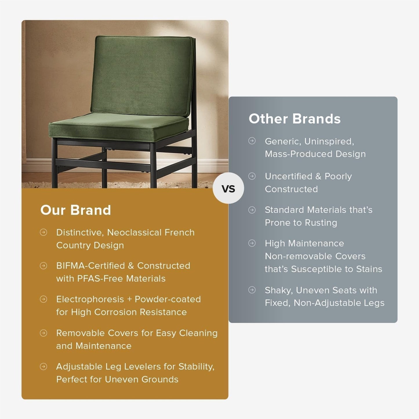 Odelia Dining Chairs, Kitchen Chairs, Dining Room Chairs, Black Dining Chairs, Sturdy Bifma-Certified Rust-Free Metal Frame and Removable Cushion Covers (2, Olive Green Velvet, One Size)-4