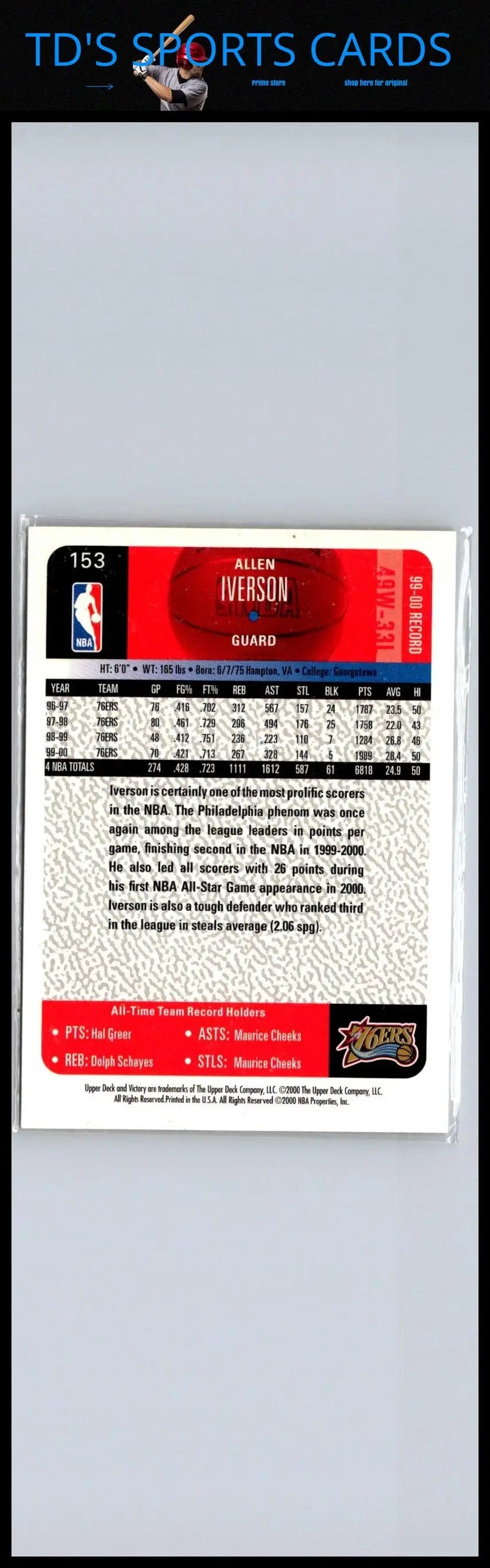 Allen Iverson basketball card from 2000-01 Upper Deck Victory set #153