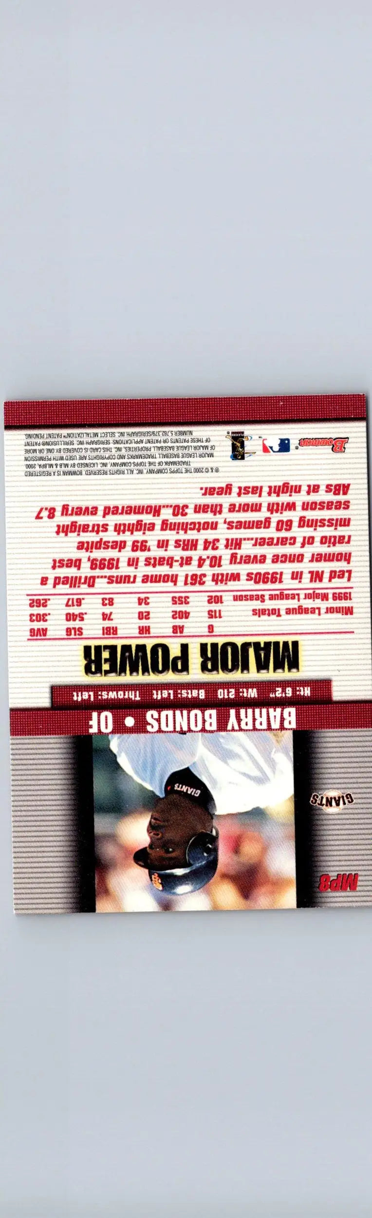 Baseball trading card featuring Barry Bonds with stats and photo from 2000 Bowman MP8 Barry Bonds Major Power