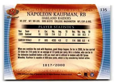 Football trading card back of 2000 Collector’s Edge Masters Napoleon Kaufman #/2000