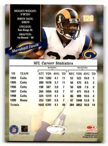 2000 Donruss #126 Marshall Faulk football card featuring original gloss, Louis Rams football