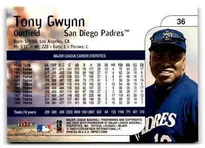 Tony Gwynn 2000 Fleer Impact #36 trading card showcasing the legendary baseball player